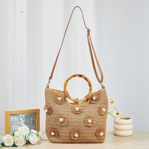 Elegant Tan Woven Bag with Floral Accents